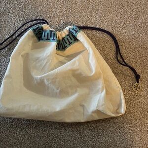 Tory Burch Cream and Blue Drawstring Cosmetic Bag